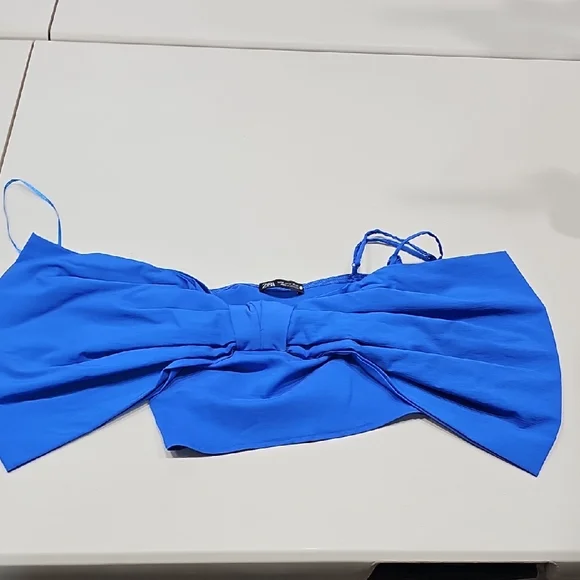 Zara Blue Tie Front Bustier Crop Top - Picture 4 of 8